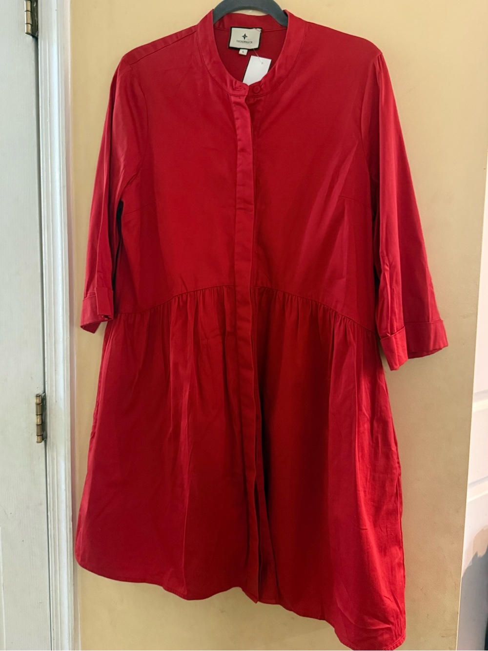 Tuckernuck Red Buttondown Shirt Dress with Gathered Skirt, L